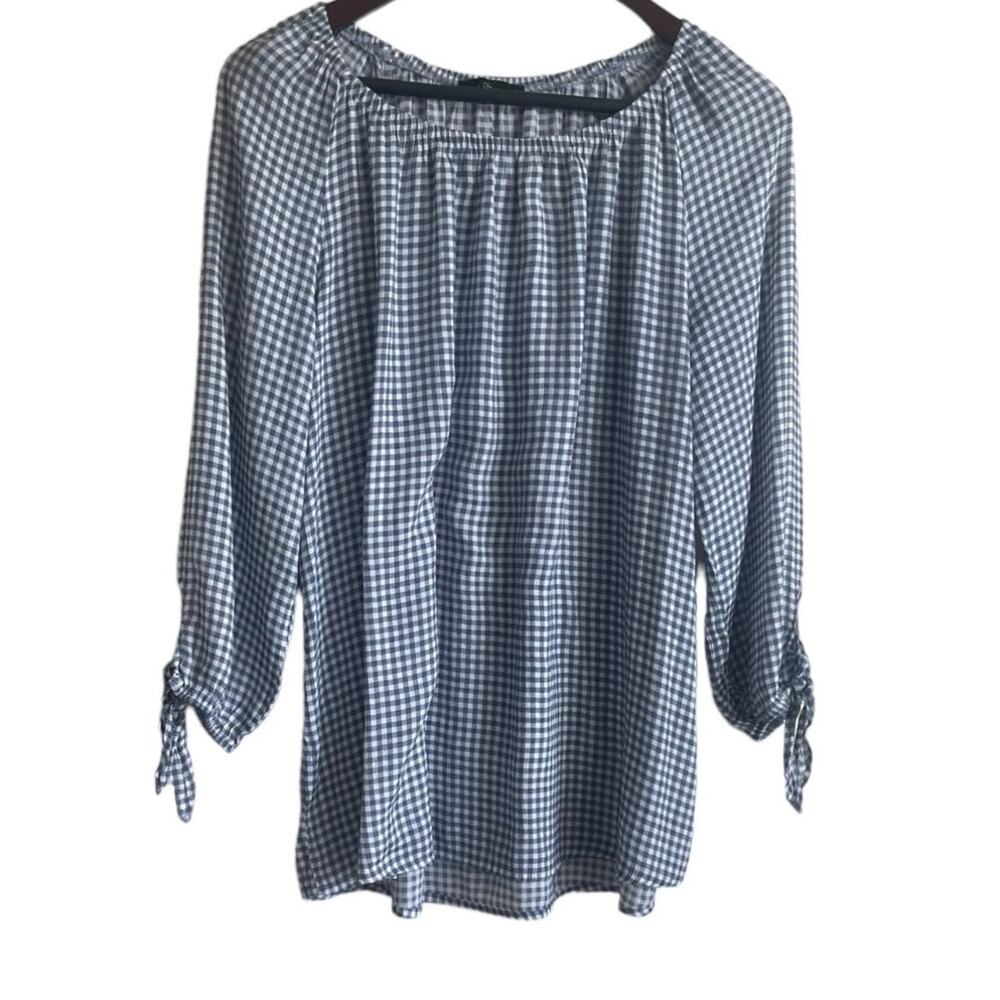 Fred David‎ Women Top XL Blue Gingham 3/4 Sleeve Flowy Casual Preppy Coastal